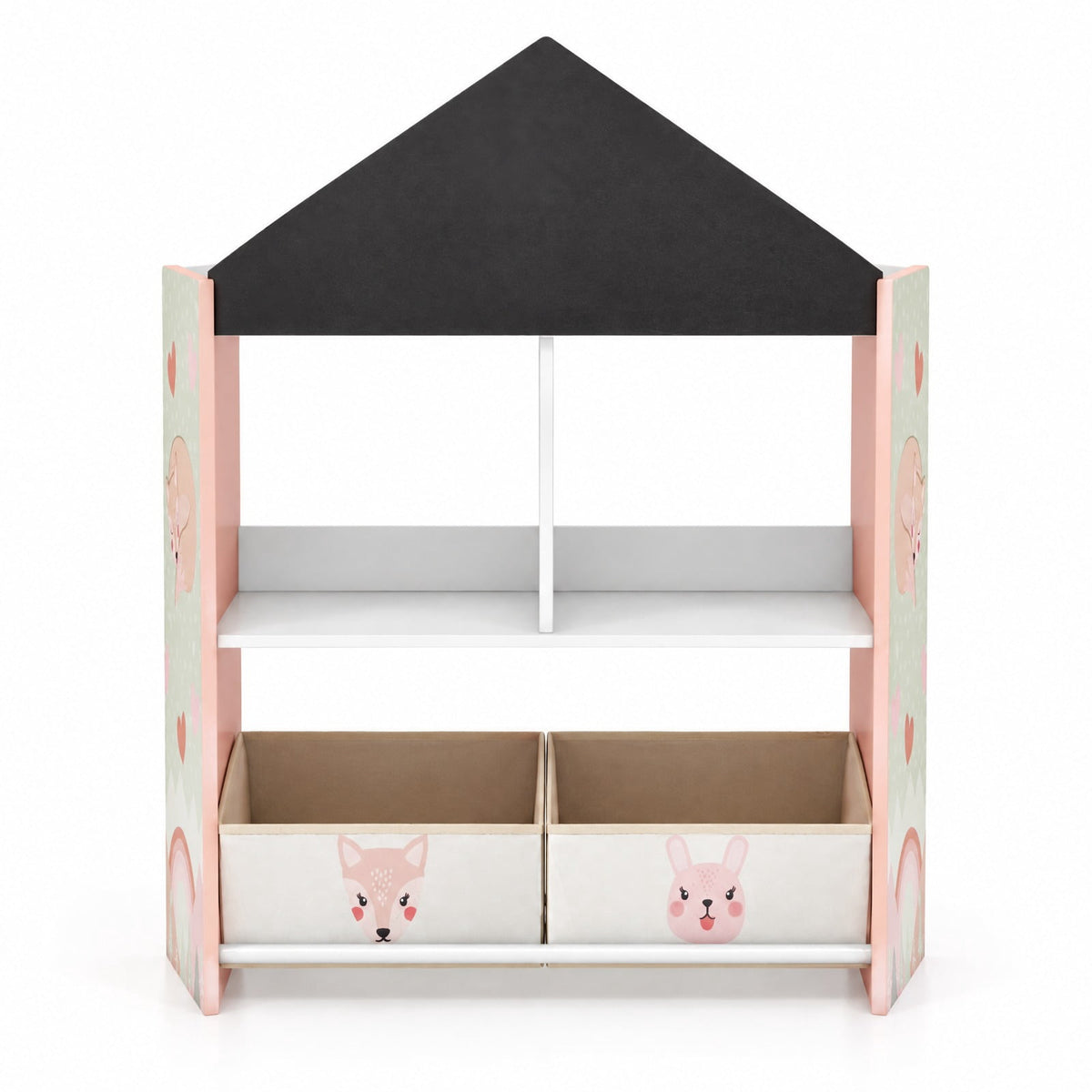 Airfind Playhouse Kids Bookshelf with Chalkboard and Whiteboard for 3-6 Years, MDF Metal Fabric Frame, Pink