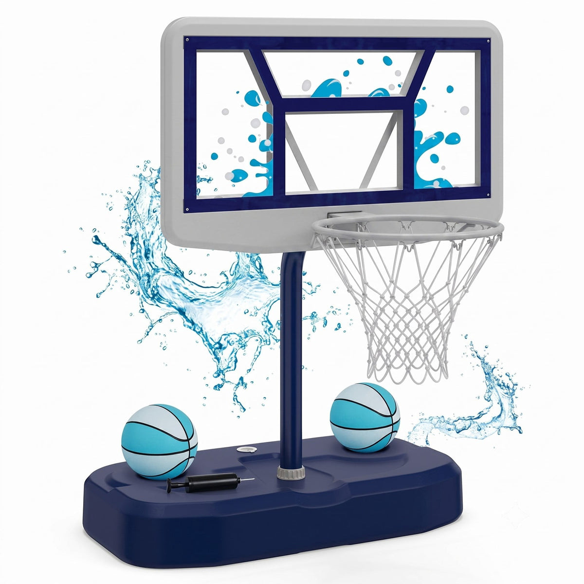 Airfind Pool Basketball Hoop Set with 2 Balls and Inflation Pump, Poolside Water Basketball Game with Weighted Base and Shatterproof PC Backboard for Indoor, Navy