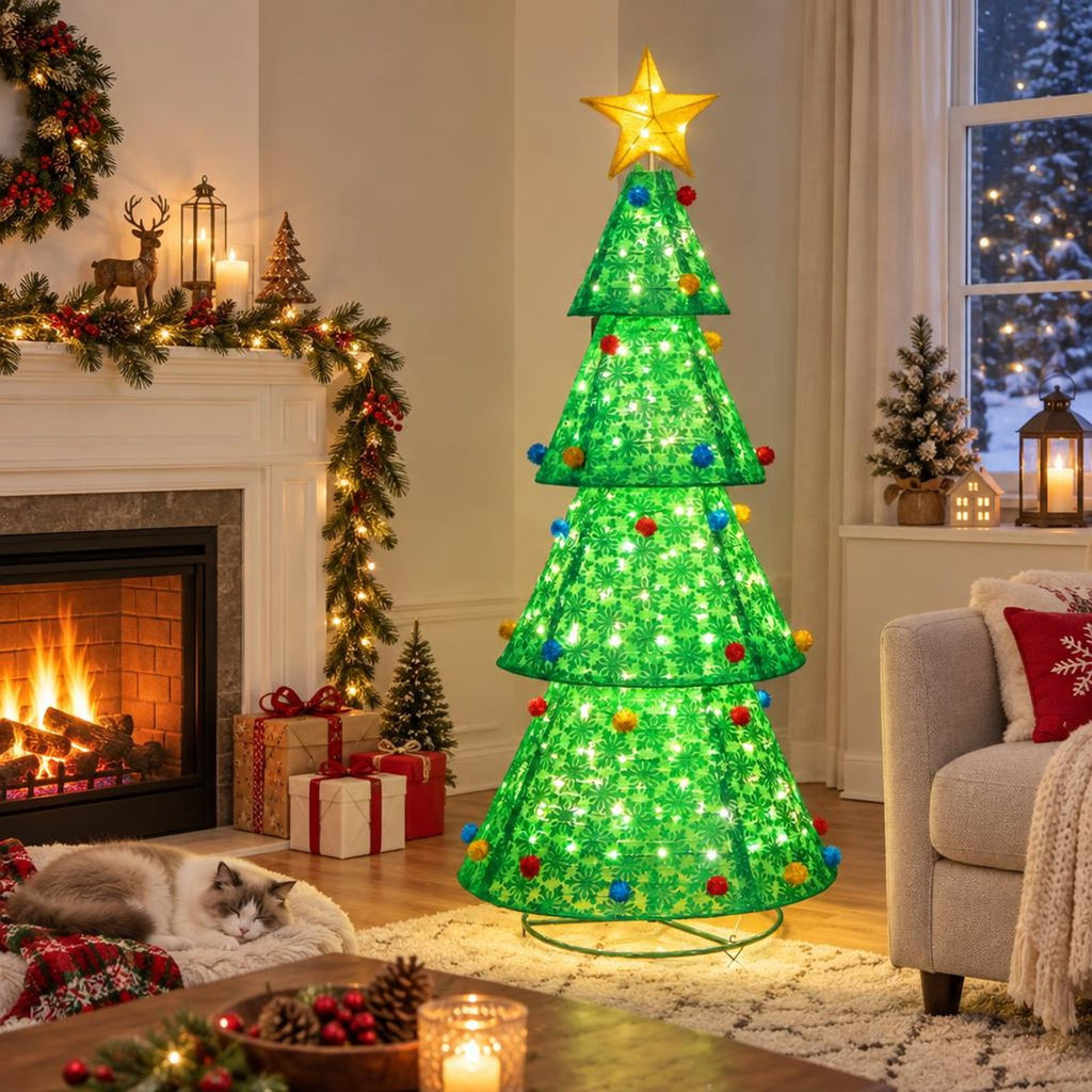 Airfind Pop-Up Christmas Tree with 200 Warm White LED Lights for Indoors Outdoors, Nylon Metal Tree Height: 6.5 ft Tree Width: 2.7 ft Frame, White