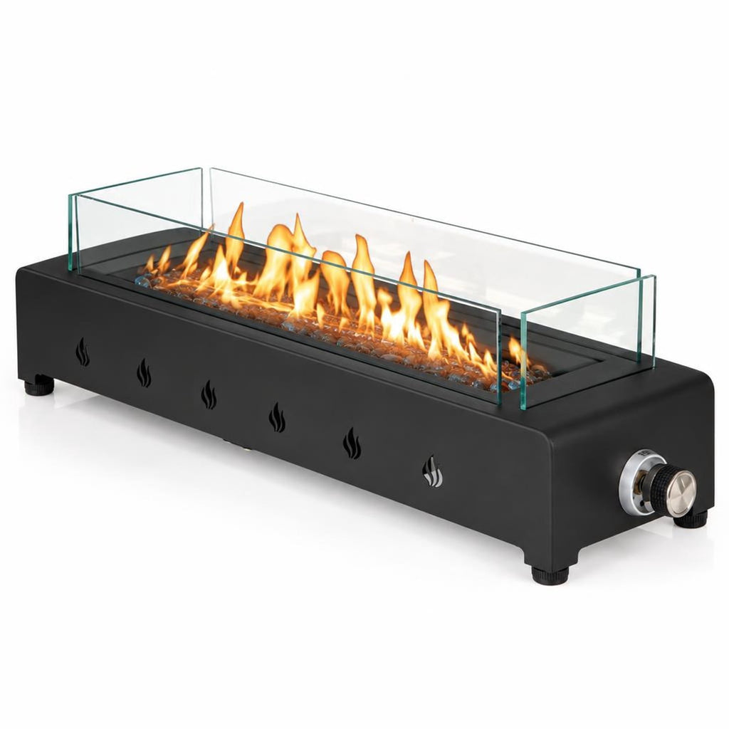 Airfind Portable Mini Fireplace with Wind Guard and Stainless Steel Burner, Metal Tempered Glass PU Glass Frame, Black