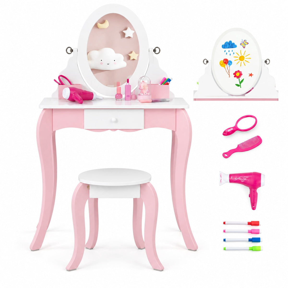 Airfind Pretend Kids Vanity Set with 360° Rotatable Mirror and Play Accessories, 66 lbs Capacity, MDF Acrylic Frame, 24 x 13.5 x 40 Footprint