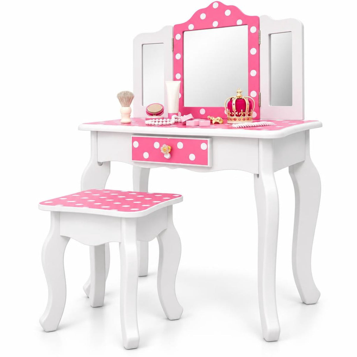 Airfind Princess Pretend Play Makeup Dressing Table with Cute Polka Dot Print, 66 lbs Capacity, MDF Acrylic Frame, for 3-7 Years Old, Pink