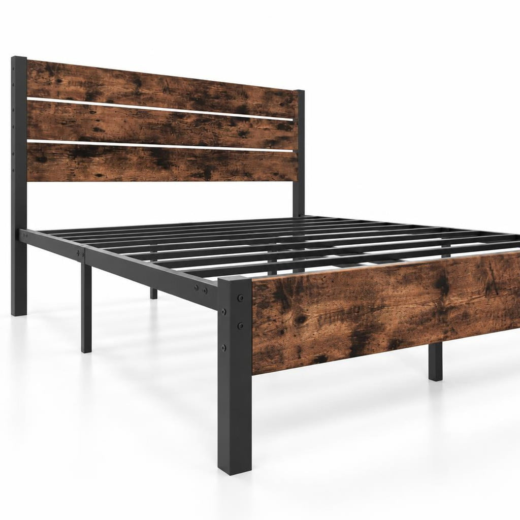 Airfind Queen Metal Bed Frame with Wood Headboard, 12 Slats, Under-Bed Storage, No Box Spring, Rustic Brown