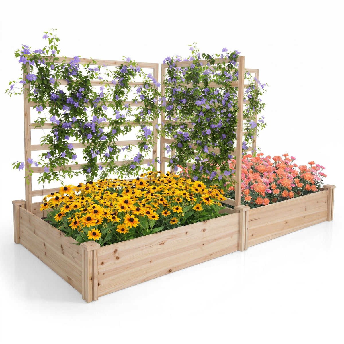 Airfind Raised Garden Bed with 2 Planter Boxes and 3 Trellis, Trellis 22 lbs Capacity, Fir Wood Frame, Natural