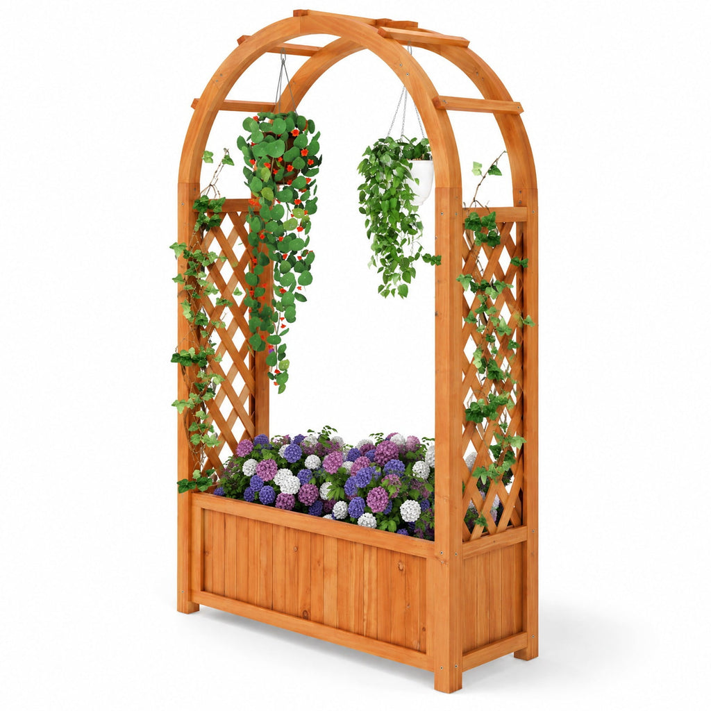 Airfind Raised Garden Bed with Lattice Trellis Ached Roof Wooden Elevated Planter Box, 88 lbs Capacity, Fir Wood Frame, Brown