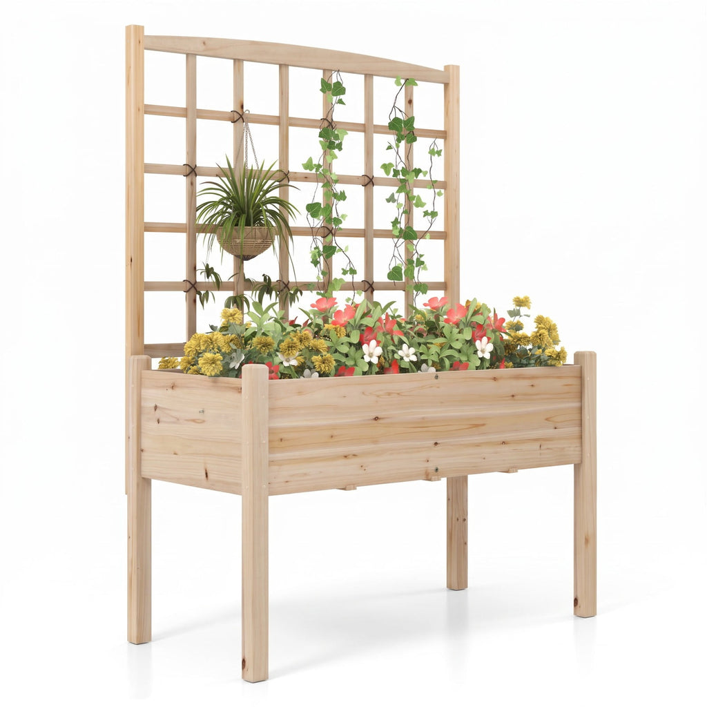 Airfind Raised Garden Bed with Lattice Trellis and Drainage Holes Elevated, 176 lbs Capacity, Fir Wood Frame, Natural