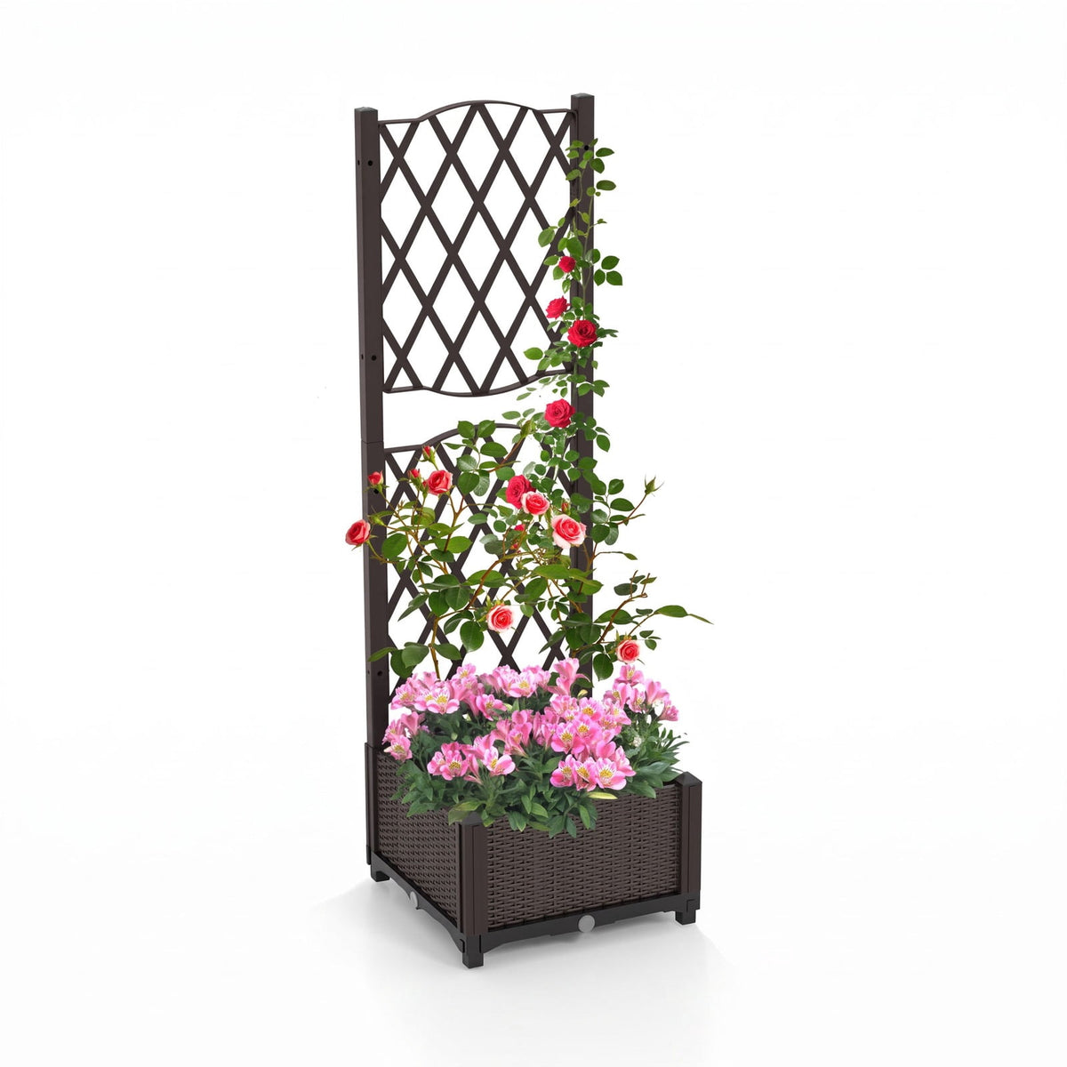Airfind Raised Garden Bed with Trellis Planter Box for Climbing Plants, PP Frame, 16 x 16 x 48 Footprint, Brown