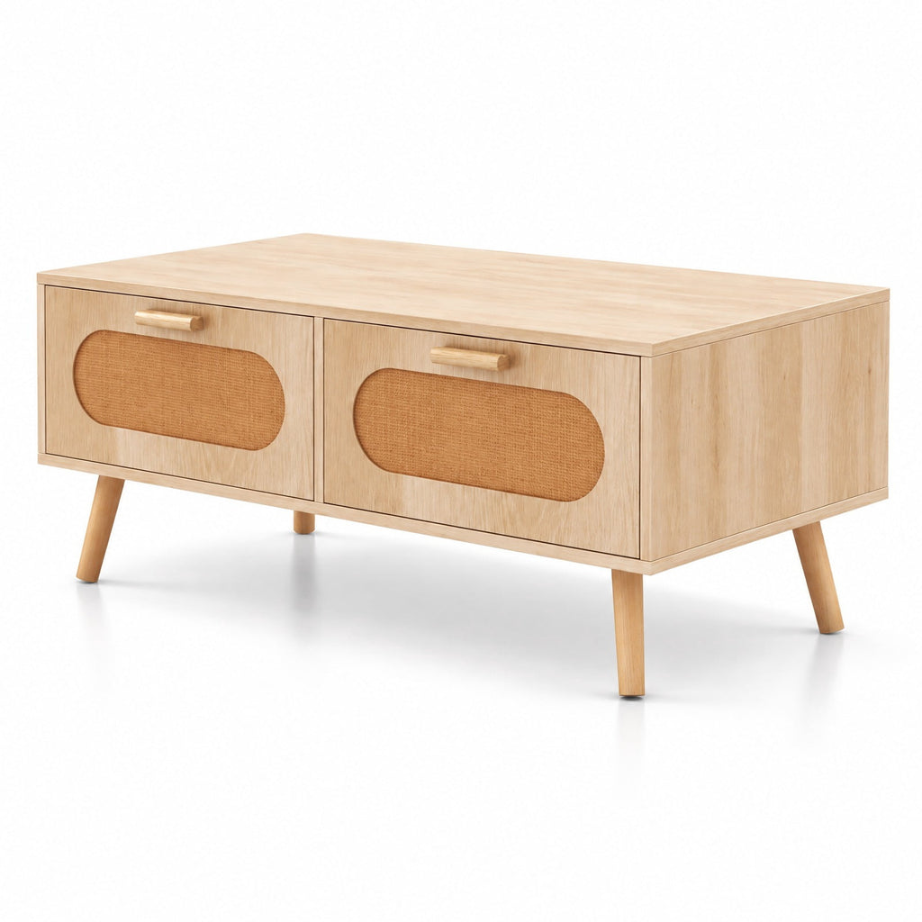 Airfind Rattan Coffee Table Mid Century Modern Center Table with 2 Storage Drawers, 132 lbs Capacity, Natural