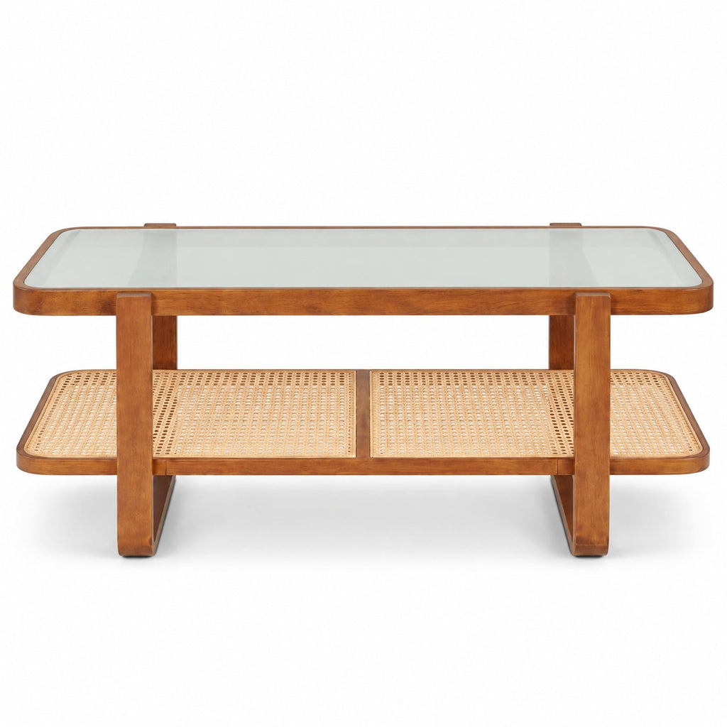Airfind Coffee Table, Rattan Table with Tempered Glass Top and Storage Shelf, 220 lbs Capacity, Tempered Glass PE Rattan Plywood Frame, Walnut