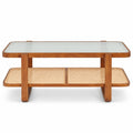 Airfind Coffee Table, Rattan Table with Tempered Glass Top and Storage Shelf, 220 lbs Capacity, Tempered Glass PE Rattan Plywood Frame, Walnut