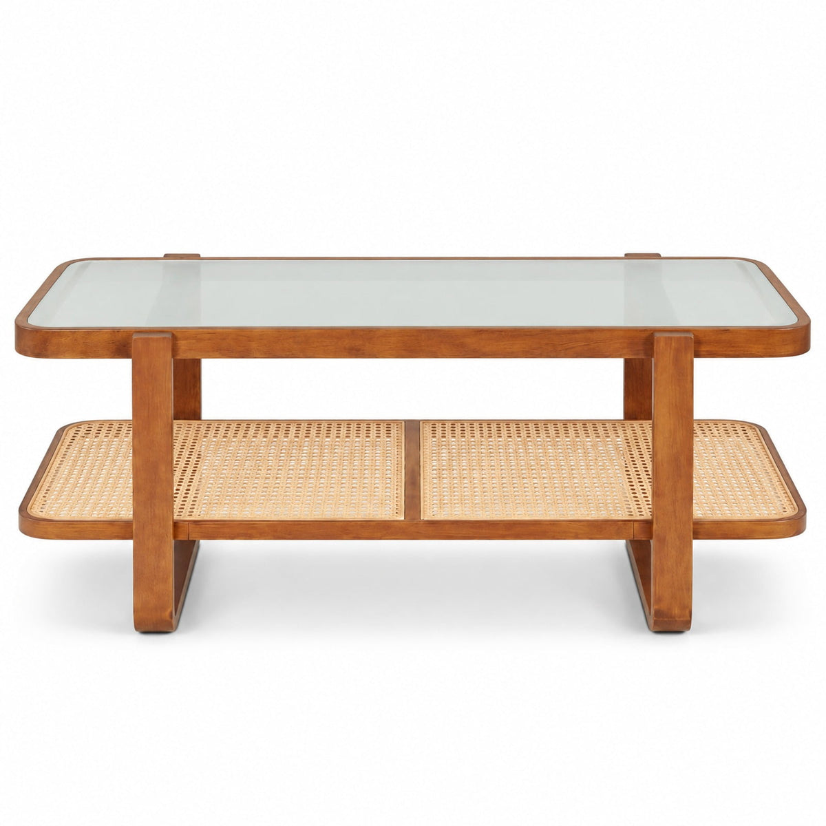 Airfind Coffee Table, Rattan Table with Tempered Glass Top and Storage Shelf, 220 lbs Capacity, Tempered Glass PE Rattan Plywood Frame, Walnut