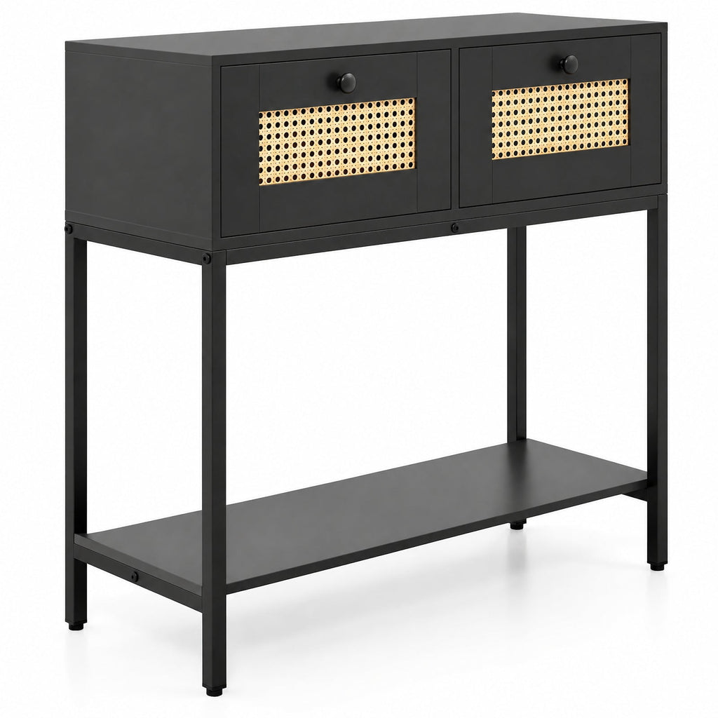 Airfind Rattan Console Table Boho Entryway Table with 2 Rattan Drawers and Open Storage Shelf, 88 lbs Capacity, Black