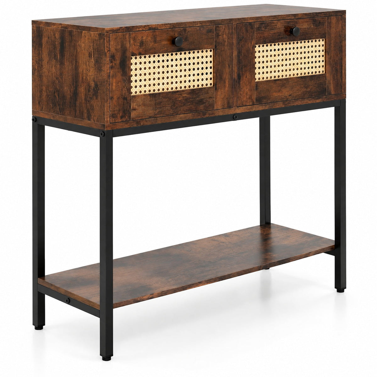 Airfind Rattan Console Table Boho Entryway Table with 2 Rattan Drawers and Open Storage Shelf, 88 lbs Capacity, Brown