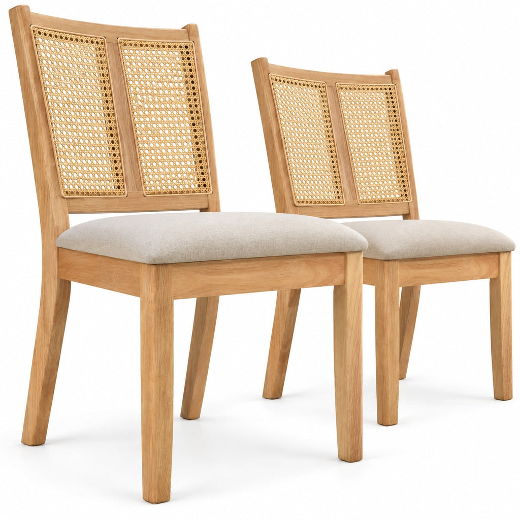 Airfind Rattan Dining Chairs Set of 2 with Curved Backrest and Padded Seat for Dining Room, 380 lbs Capacity, Rubber Wood Frame, Natural