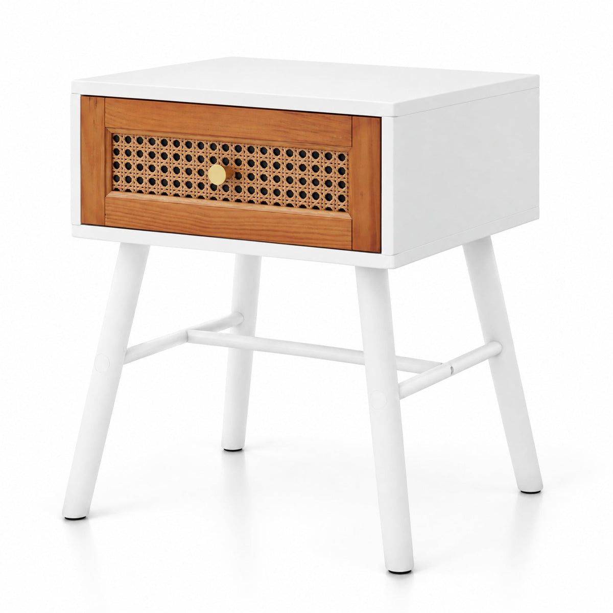 Airfind Rattan Nightstand Mid Century Modern Accent Table with Drawer, 110 lbs Capacity, Painted MDF Pine Wood Natural Rattan Frame, White