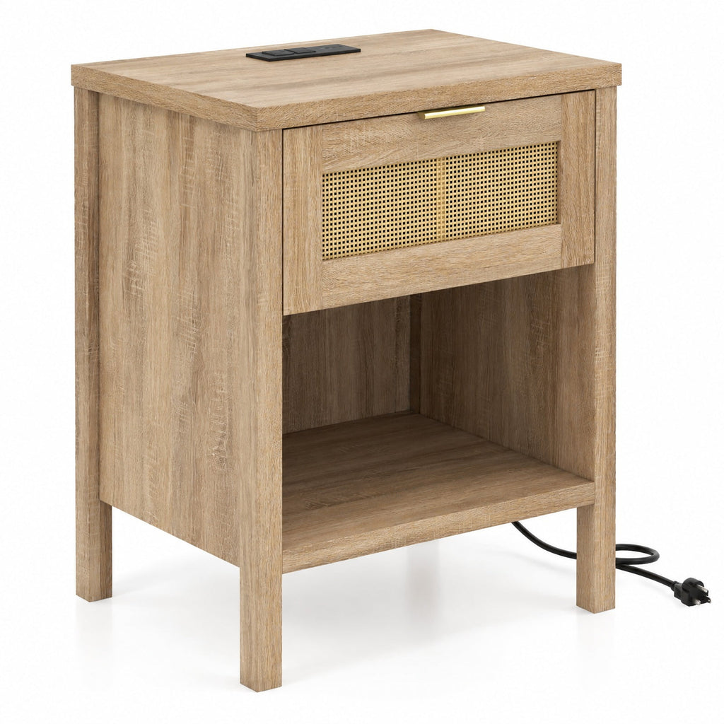 Airfind Rattan Nightstand with Charging Station and Storage Shelf for Bedroom, 88 lbs Capacity, Engineered Wood PVC Rattan Metal Frame, Oak