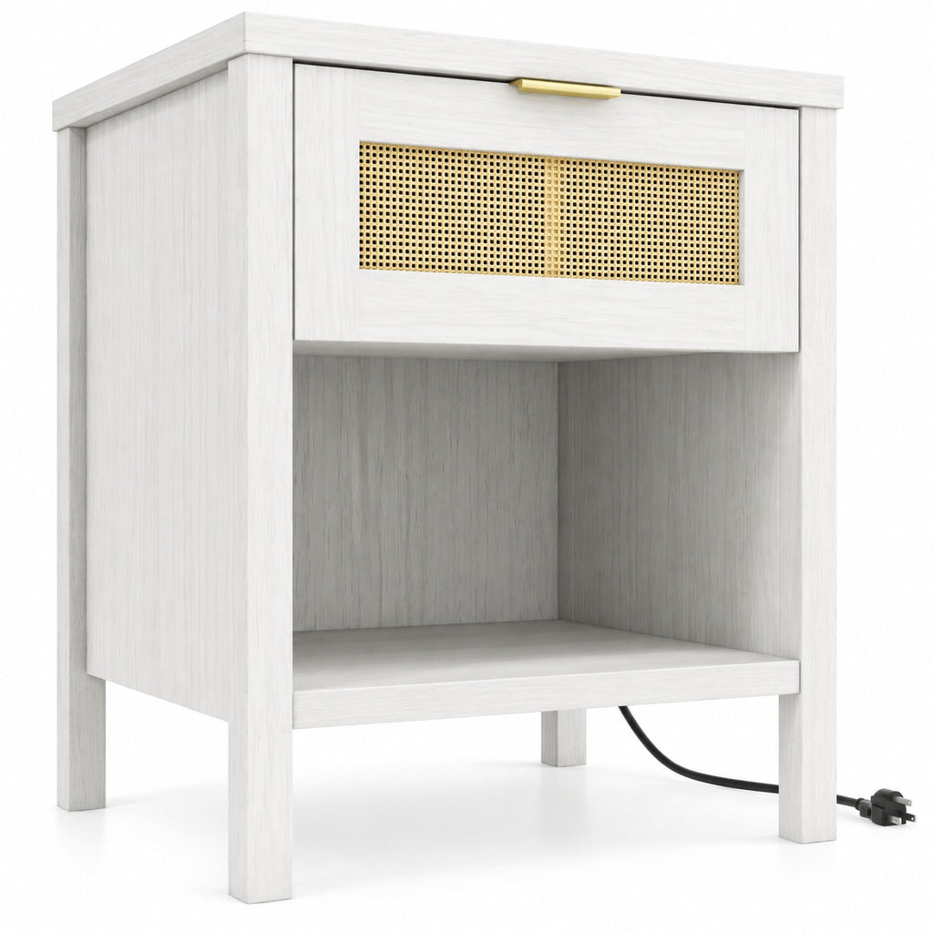 Airfind Rattan Nightstand with Charging Station and Storage Shelf for Bedroom, 88 lbs Capacity, Engineered Wood PVC Rattan Metal Frame, White