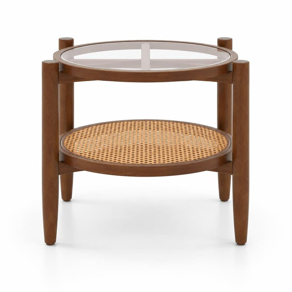 Airfind Rattan Round Side End Table with Tempered Glass Tabletop, 77 Lbs Capacity, Acacia Wood Plywood Tempered Glass PE Rattan, Walnut