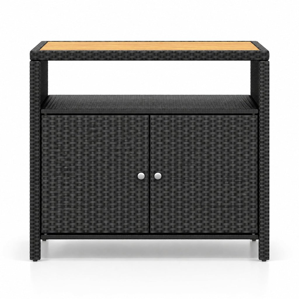 Airfind Rattan Storage Cabinet with Acacia Wood Countertop for Poolside Deck and Patio, 100 lbs Capacity, PE Rattan Acacia Wood Metal Frame, Black