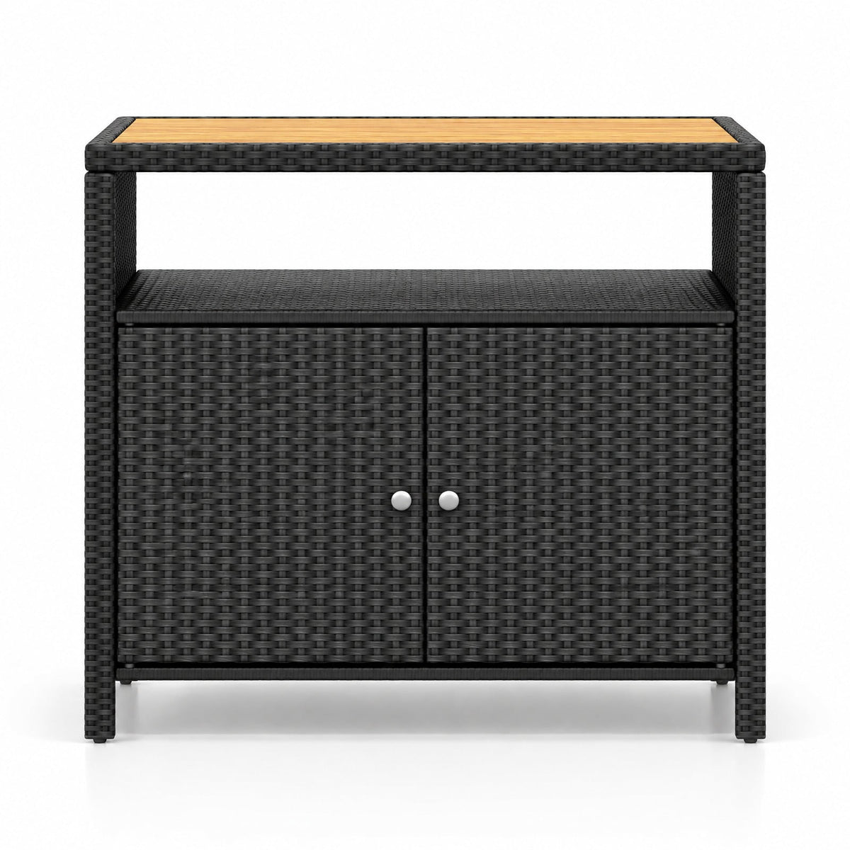 Airfind Rattan Storage Cabinet with Acacia Wood Countertop for Poolside Deck and Patio, 100 lbs Capacity, PE Rattan Acacia Wood Metal Frame, Black