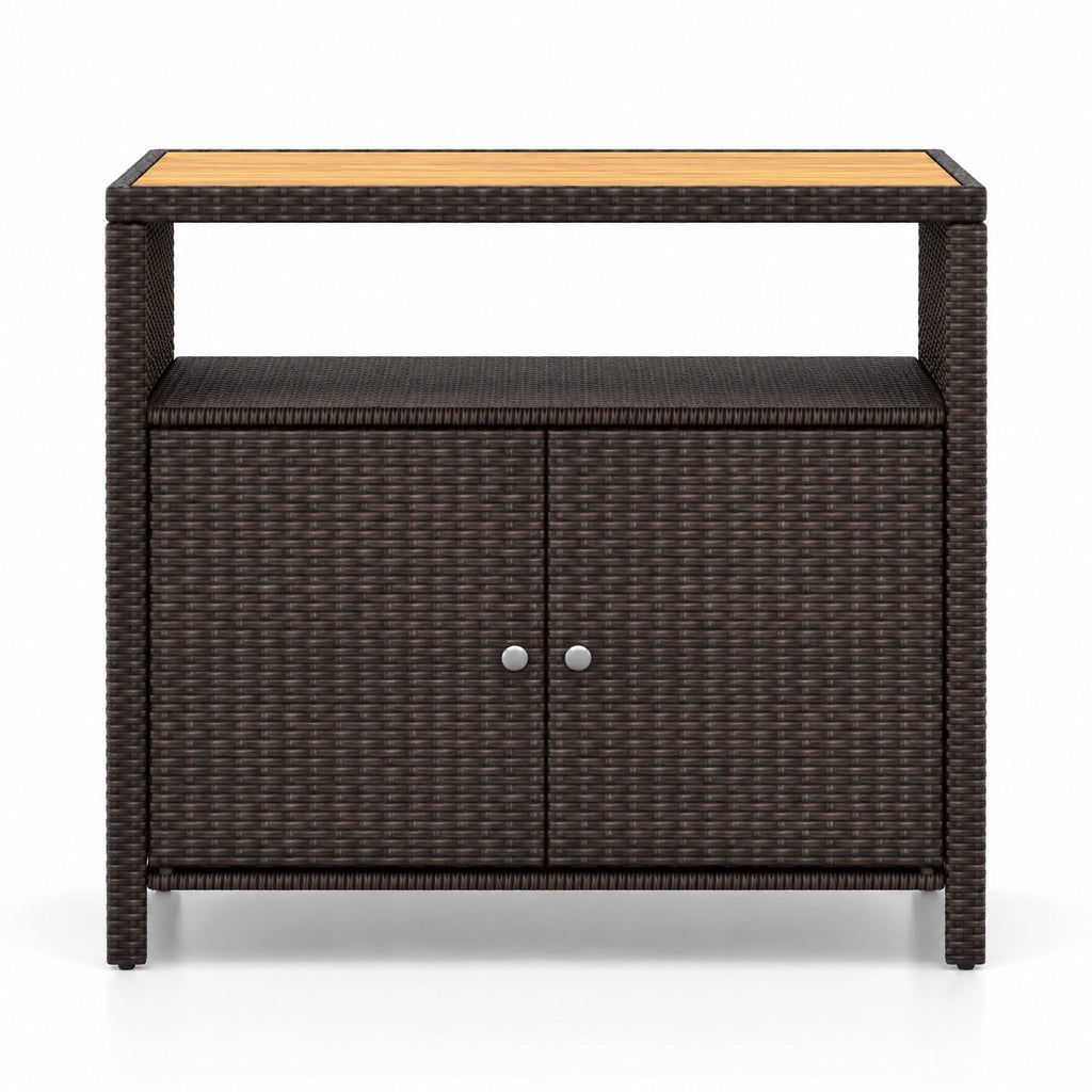 Airfind Rattan Storage Cabinet with Acacia Wood Countertop for Poolside Deck and Patio, 100 lbs Capacity, PE Rattan Acacia Wood Metal Frame, Brown