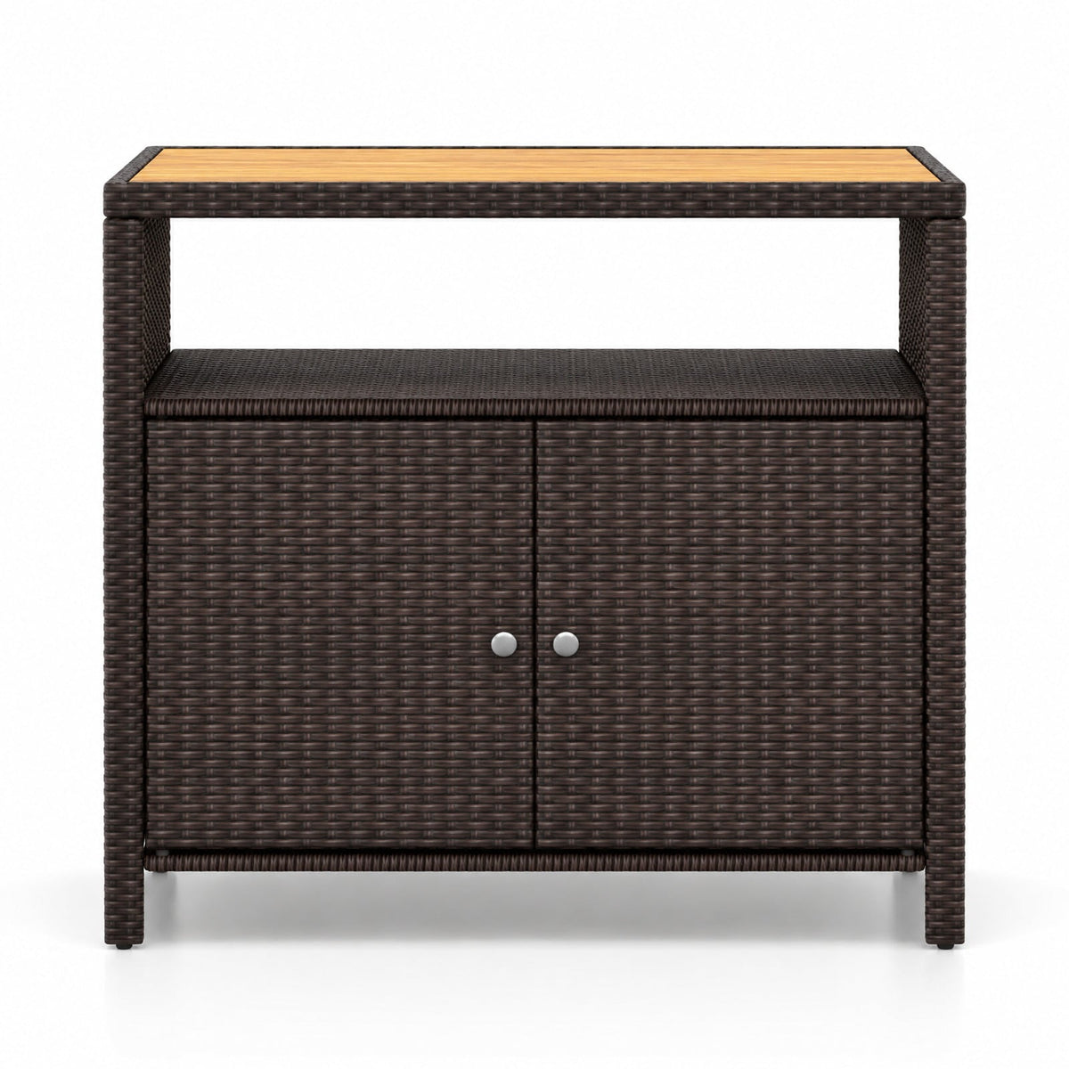Airfind Rattan Storage Cabinet with Acacia Wood Countertop for Poolside Deck and Patio, 100 lbs Capacity, PE Rattan Acacia Wood Metal Frame, Brown