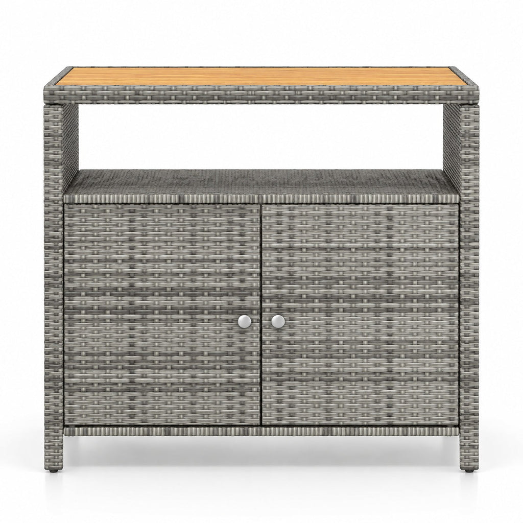 Airfind Rattan Storage Cabinet with Acacia Wood Countertop for Poolside Deck and Patio, 100 lbs Capacity, PE Rattan Acacia Wood Metal Frame, Gray