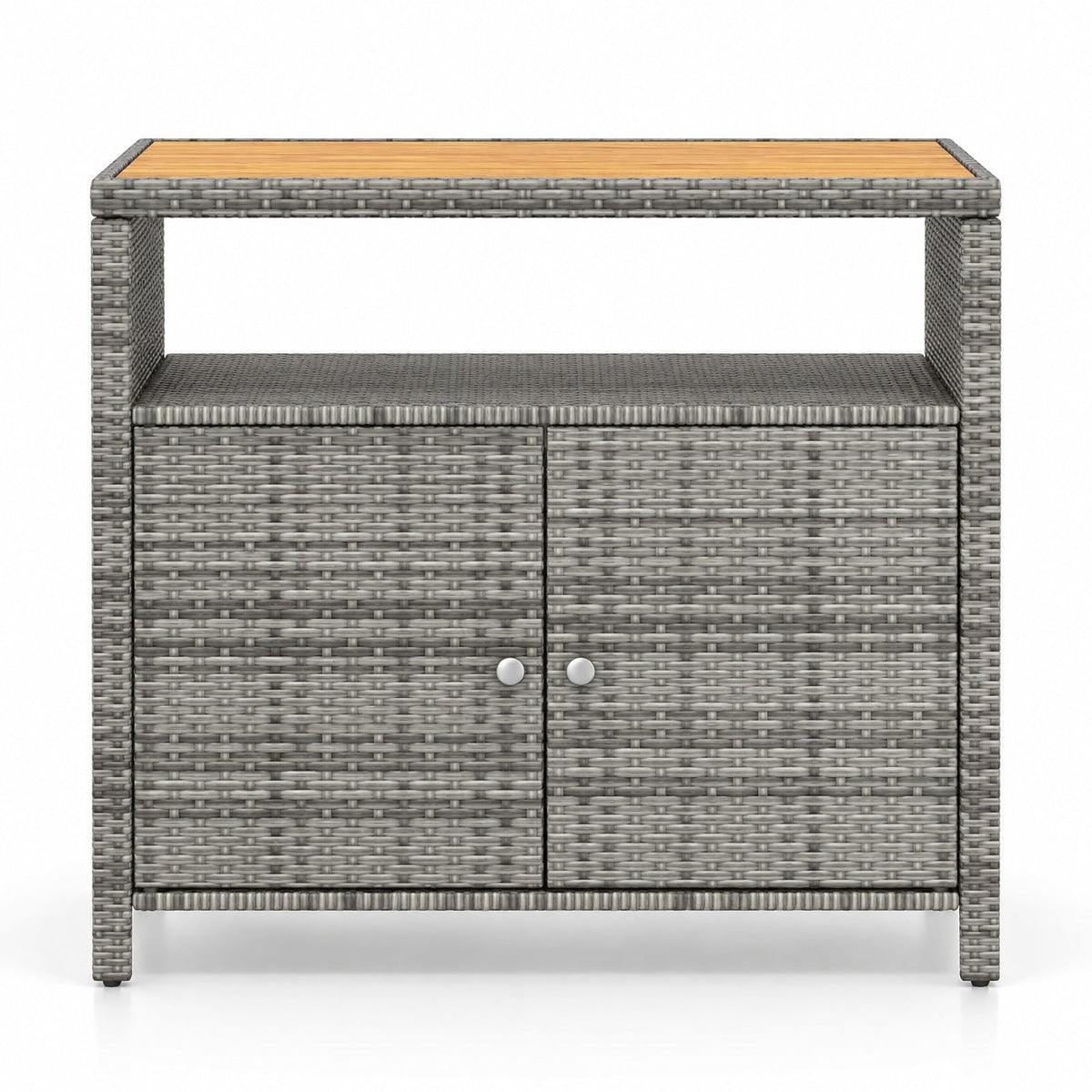 Airfind Rattan Storage Cabinet with Acacia Wood Countertop for Poolside Deck and Patio, 100 lbs Capacity, PE Rattan Acacia Wood Metal Frame, Gray
