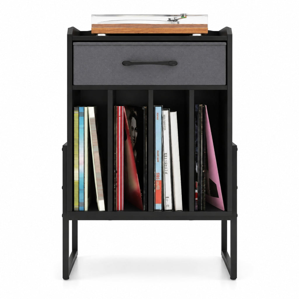 Airfind Record Player Stand with Drawer and Record Holder, 66 lbs Capacity, Engineered Wood MDF Metal Non-woven Fabric Frame, Black