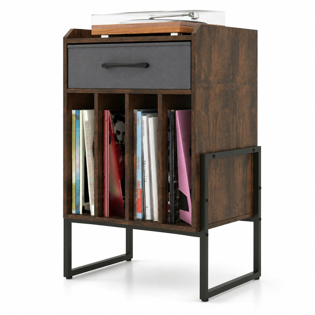 Airfind Record Player Stand with Drawer and Record Holder, 66 lbs Capacity, Engineered Wood MDF Metal Non-woven Fabric Frame, Brown