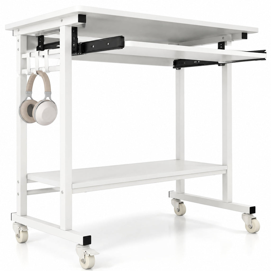 Airfind Rolling Laptop Table with Pull-out Keyboard Tray and Hooks, Engineered Wood Metal Frame, 31.5 x 19.5 x 31 Footprint, White