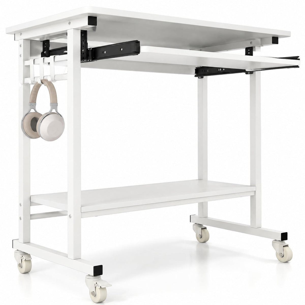 Airfind Rolling Laptop Table with Pull-out Keyboard Tray and Hooks, Engineered Wood Metal Frame, 31.5 x 19.5 x 31 Footprint, White