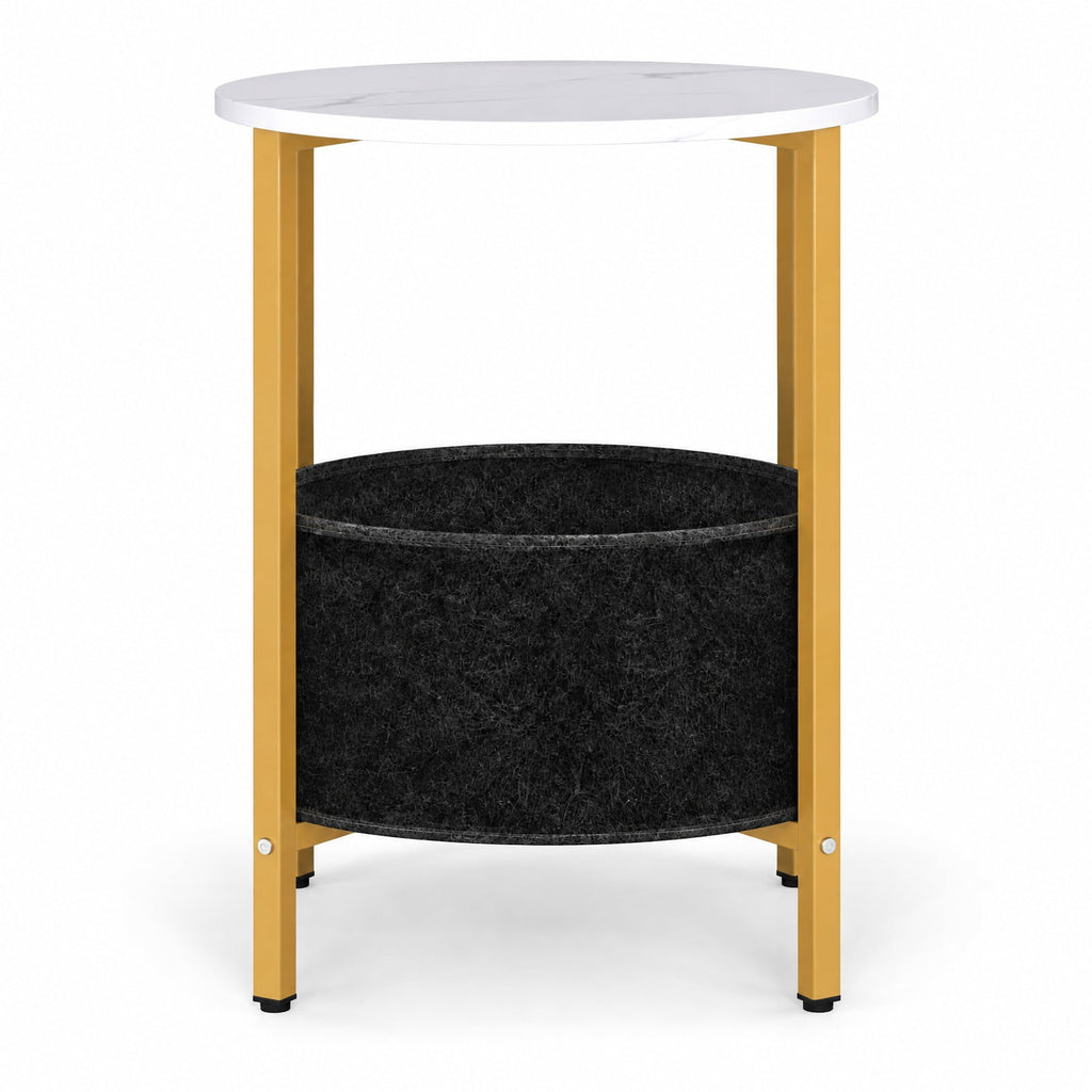 Airfind Round End Table 2-Tier Side Table with Removable Fabric Basket and Metal Frame, 44 lbs Capacity, Metal Engineered Wood Felt Frame, White