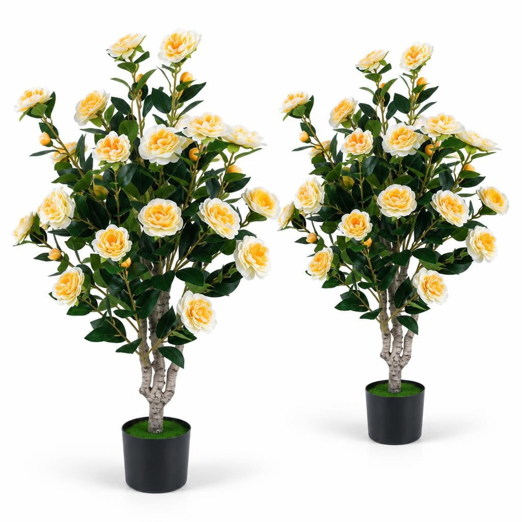 Airfind Set of 2 39.5 Artificial Camellia Tree with Cream Yellow Blossoms in Cement Pot for Decoration, PP Cement PE Fabric Frame, Cream Yellow