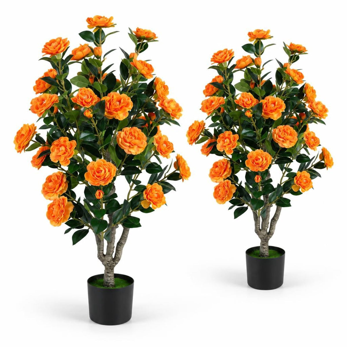 Airfind Set of 2 39.5 Artificial Camellia Tree with Orange Blossoms in Cement Pot for Decoration, Orange