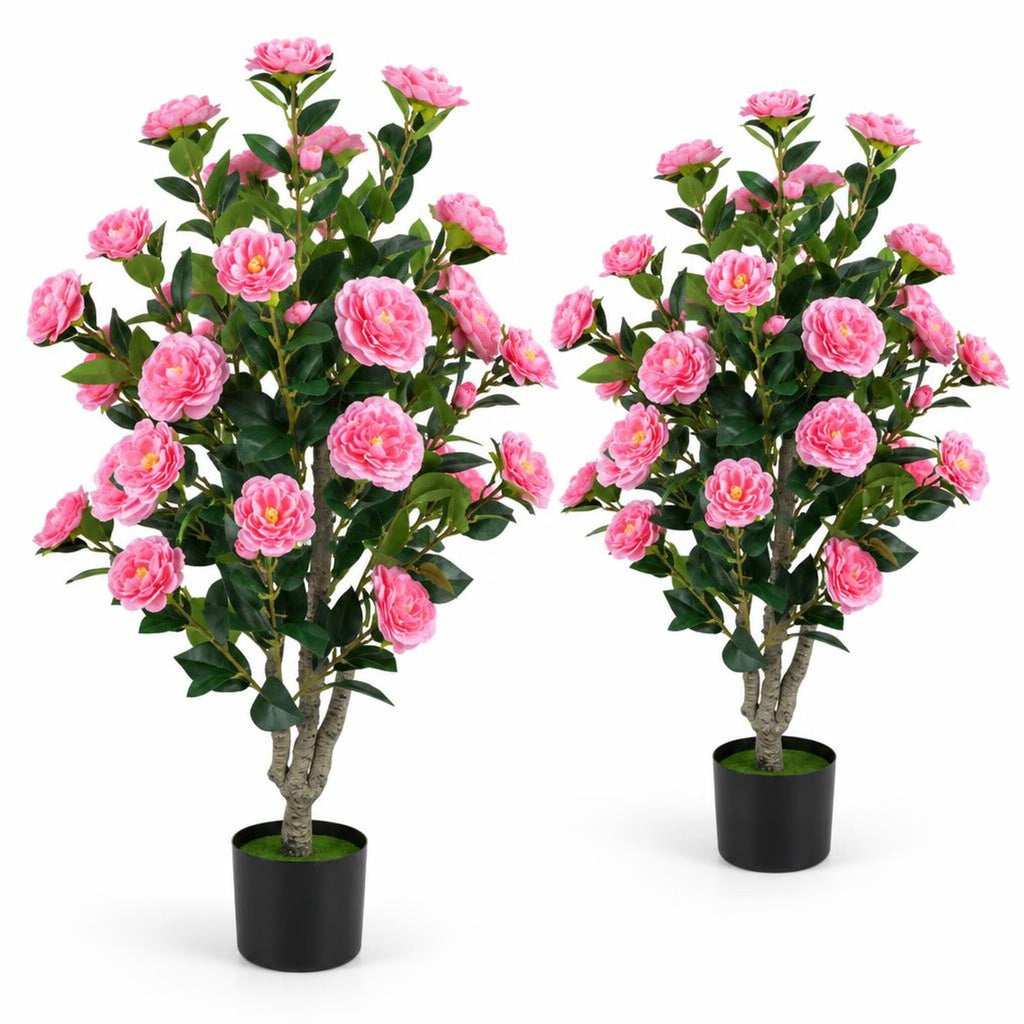 Airfind Set of 2 39.5 Artificial Camellia Tree with Orange Blossoms in Cement Pot for Decoration, Pink
