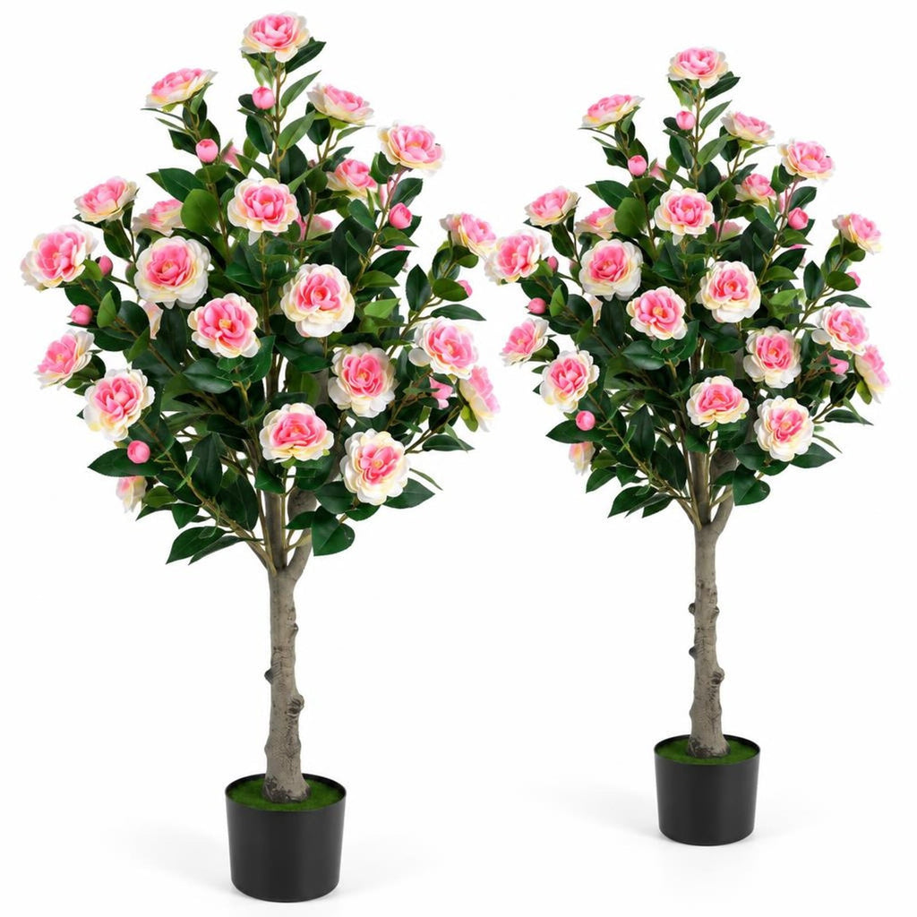 Airfind Set of 2 Artificial Camellia Tree with 27 Blossoms in Cement Pot for Home, Pink Green Black
