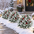 Airfind Set of 2 Artificial Cedar Topiary with Ground Spikes for Porch Patio Winter Decoration, PP PE Frame, Green White Red