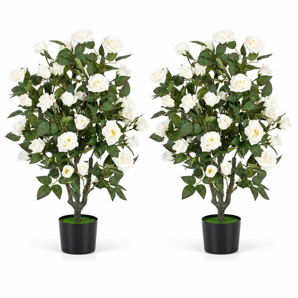 Airfind Set of 2 Artificial Rose Tree with Blooming Flowers and Green Leaves for Indoor, Silk Fabric Rubberized Fabric PE PP Tree Height 35.5 Frame