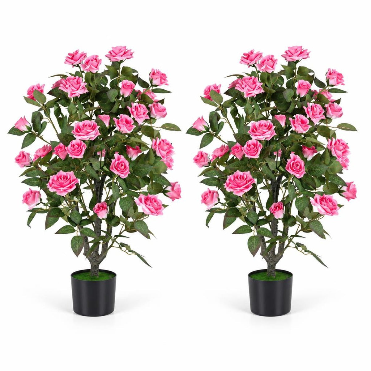 Airfind Set of 2 Artificial Rose Tree with Blooming Flowers and Green Leaves for Indoor, Silk Fabric Rubberized Fabric PE PP Tree Height 35.5 Frame