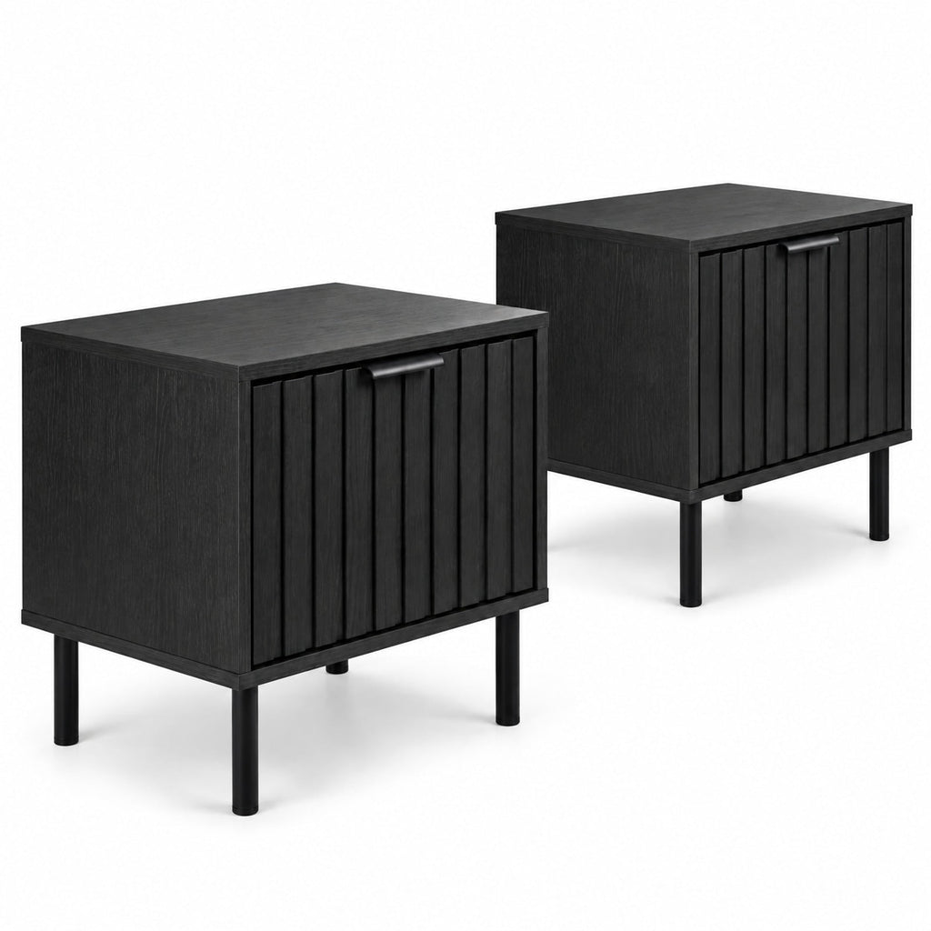 Airfind Set of 2 Black Modern Nightstand with Vertical-Striped Storage Drawer, 121lbs Capacity, Engineered Wood Metal PVC Frame, Black