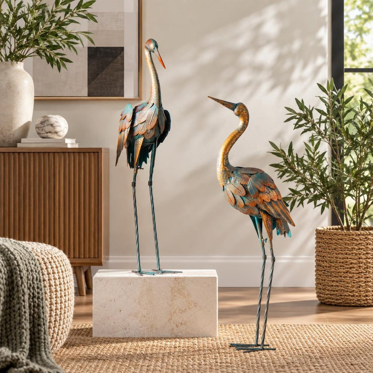 Airfind Set of 2 Crane Garden Statues Standing Metal Crane Sculptures Bird, Metal Frame, 2 standing lawn sculptures in total