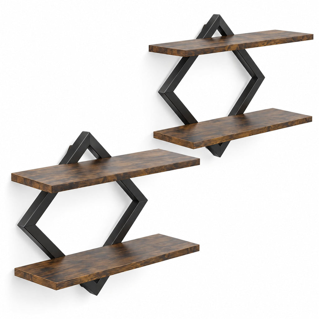 Airfind Set of 2 Metal Floating Shelves for Wall featuring Geometric Frame, Engineered Wood Metal Frame, 15 Inch x 6.5 Inch x 14 Inch Footprint, Brown