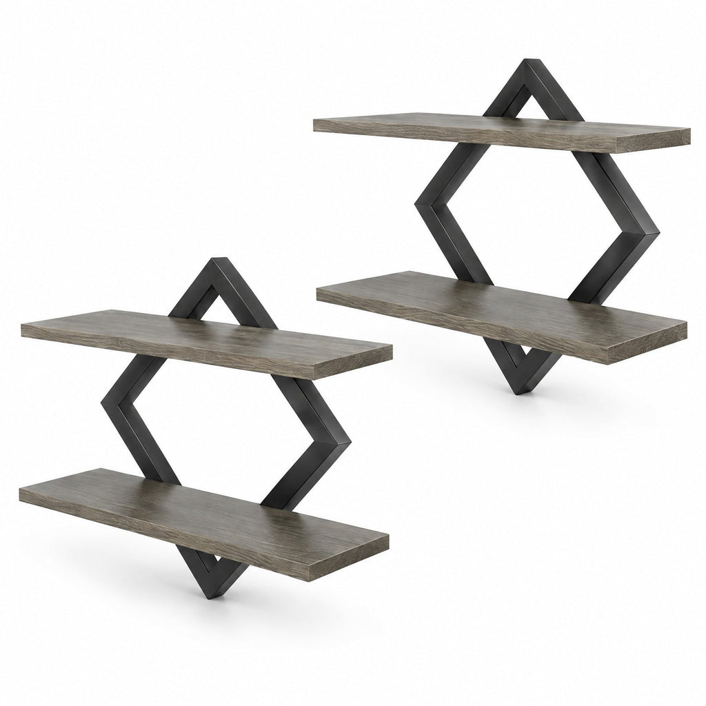 Airfind Set of 2 Metal Floating Shelves for Wall featuring Geometric Frame, Engineered Wood Metal Frame, 15 Inch x 6.5 Inch x 14 Inch Footprint, Gray