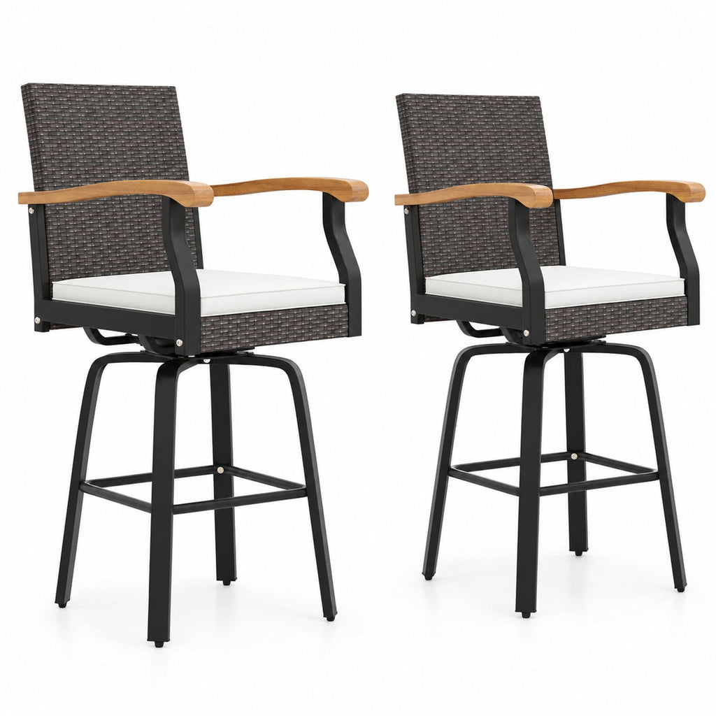 Airfind Set of 2 Outdoor 360° Swivel Bar Stool with Cushion and Acacia Wood Armrests, 400 lbs Capacity, Wood