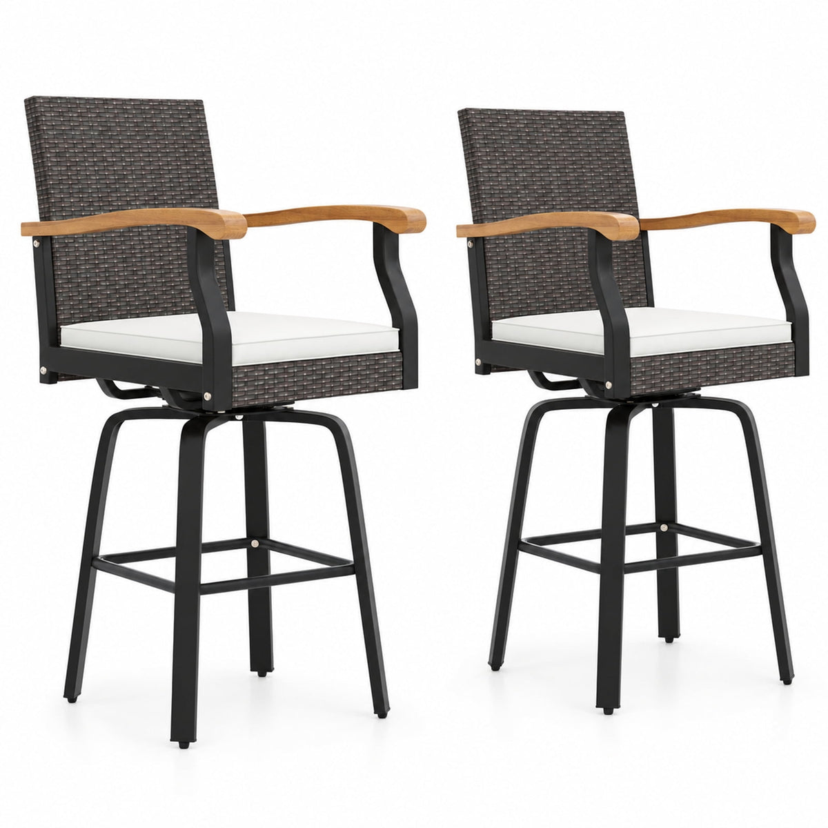 Airfind Set of 2 Outdoor 360° Swivel Bar Stool with Cushion and Acacia Wood Armrests, 400 lbs Capacity, Wood
