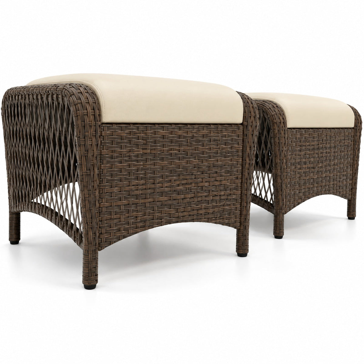 Airfind Set of 2 Outdoor Patio PE Wicker Ottomans with Removable Cushions, Ottoman 400 lbs Capacity, PE Rattan Metal Polyester Sponge Frame, Beige