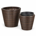 Airfind Set of 2 Plastic Taper Rattan Planters with Drainage Holes and Saucers, PP Frame, 15 x 15 x 15 Footprint, Brown
