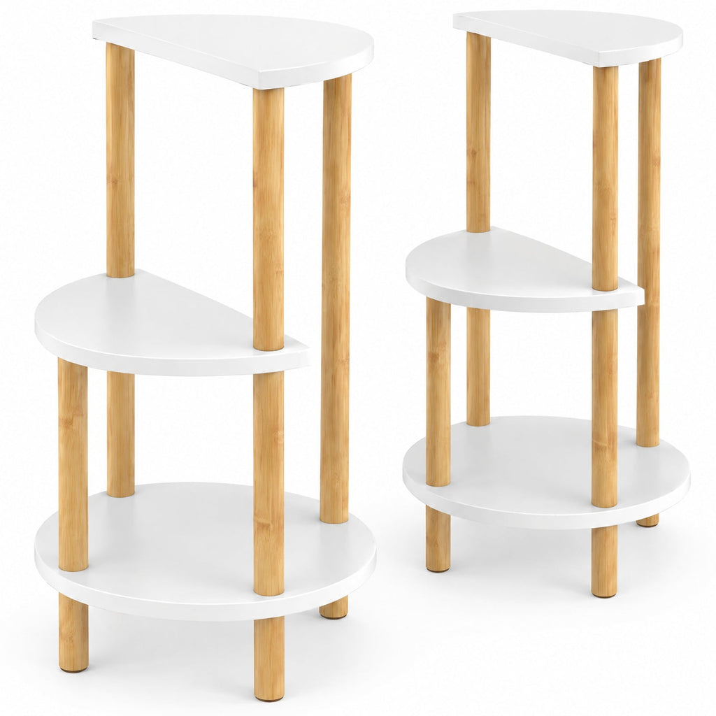 Airfind Set of 2 Round Side Table Compact with 3-Tier Shelves and Bamboo Construction, 11 lbs Capacity, Bamboo Frame, White