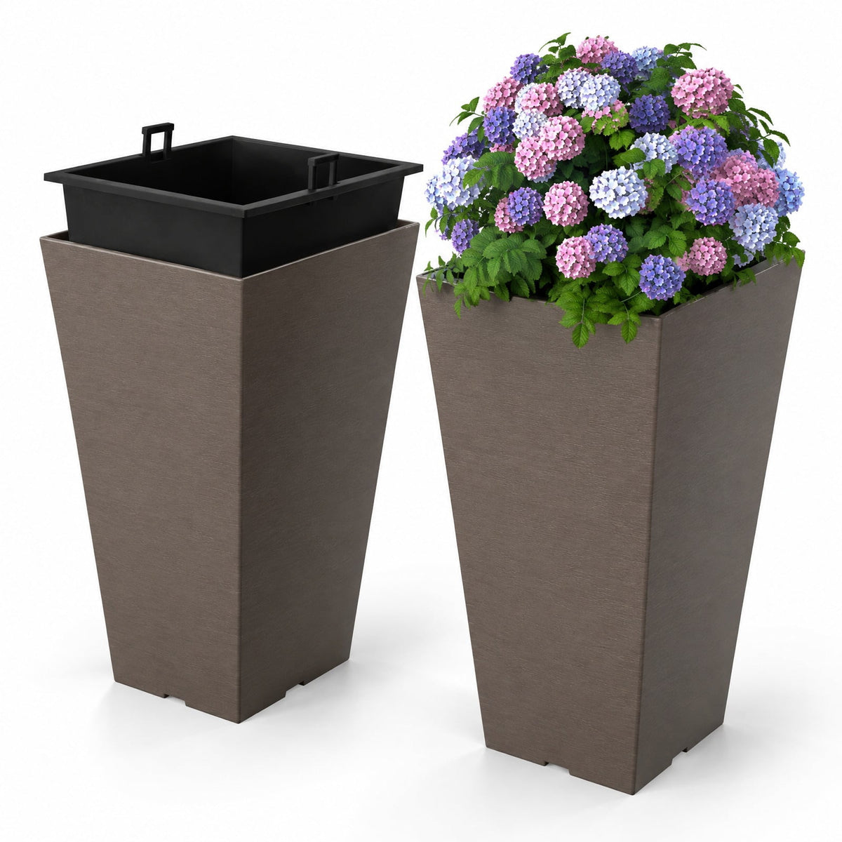 Airfind Set of 2 Square Taper Planter with Removable Inner Bucket and Optional Drainage Hole, PP Frame, 11.5 x 11.5 x 22.5 Footprint, Brown